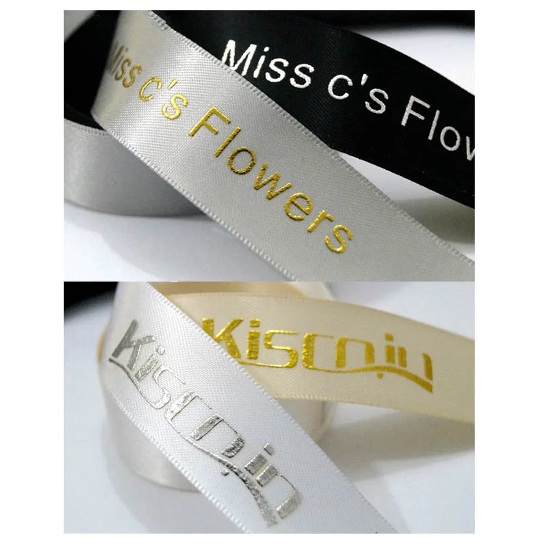 

Iron Gold slivery font Customized Logo DIY Print ribbon Wedding & Personalized polyester belt gift packing 100yards/Per roll