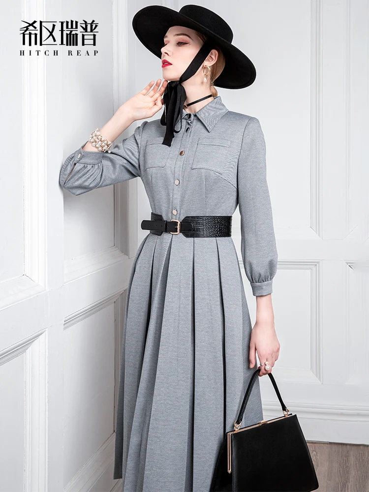 High End Celebrity Shirt Skirt 2021 Spring And Autumn New Style Temperament Retro Small Stand Collar Waist Dress