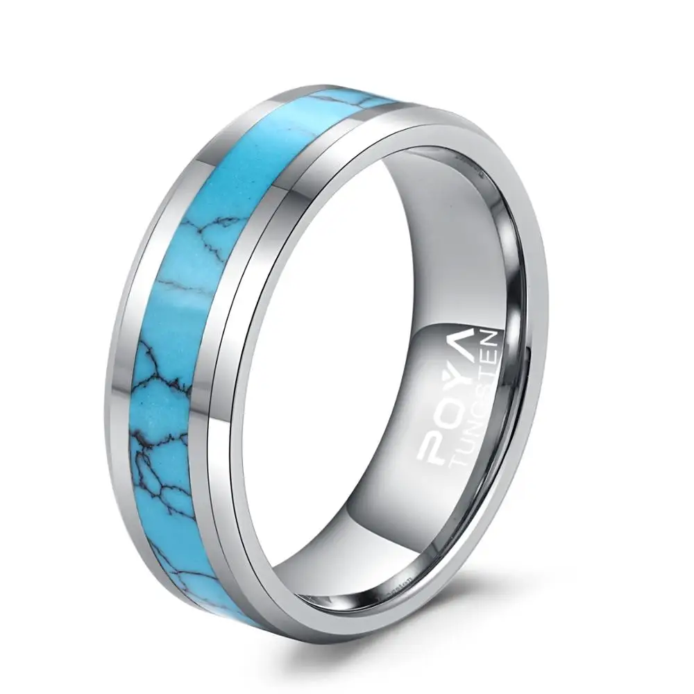 

POYA TUNGSTEN Ring Turquoise Inlay Wedding Band for Men Beveled Edges Comfort Fit