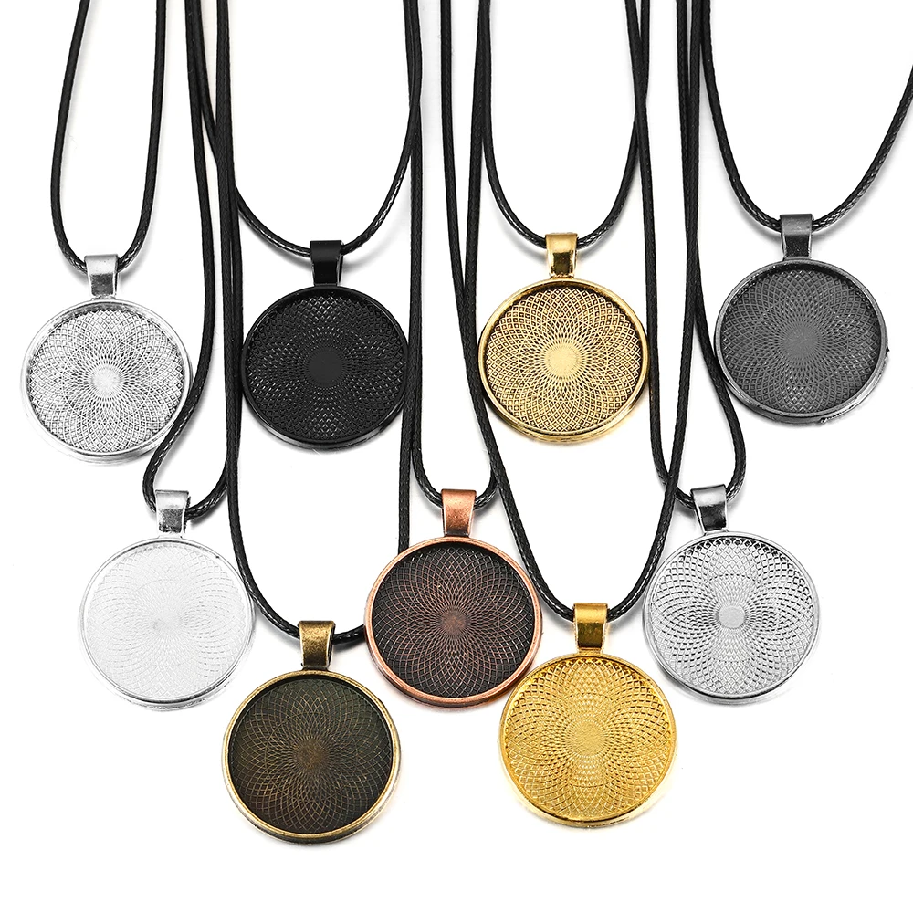 5 sztuk/partia 25mm Cabochon okrągły wisiorek podstawa tacy z naszyjnikiem sznurek DIY Making wisiorek naszyjnik biżuteria akcesoria znalezienie