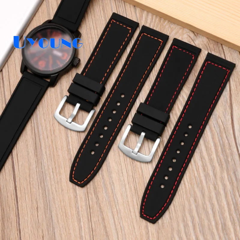 Silicone watchband fit 20/22/24mm waterproof men watch with replace rubber watch strap manual suture motion watchstrap orange