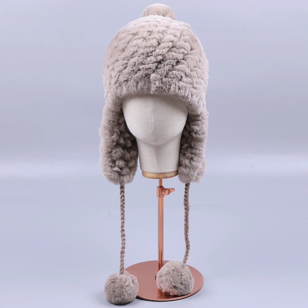 SUPPEV&STTDIO Womens Winter Rex Rabbit Fur Hat Ear Flap Fur Pom Bomber Hats Caps Russian Hat Ushanka Aviator Trapper Snow Skiing