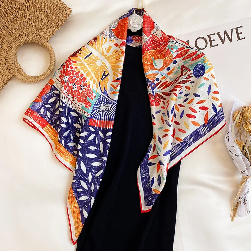 

KOI LEAPING new urban fashion temperament 90 graffiti large square scarf female handmade twill silk scarf dual-use shawl