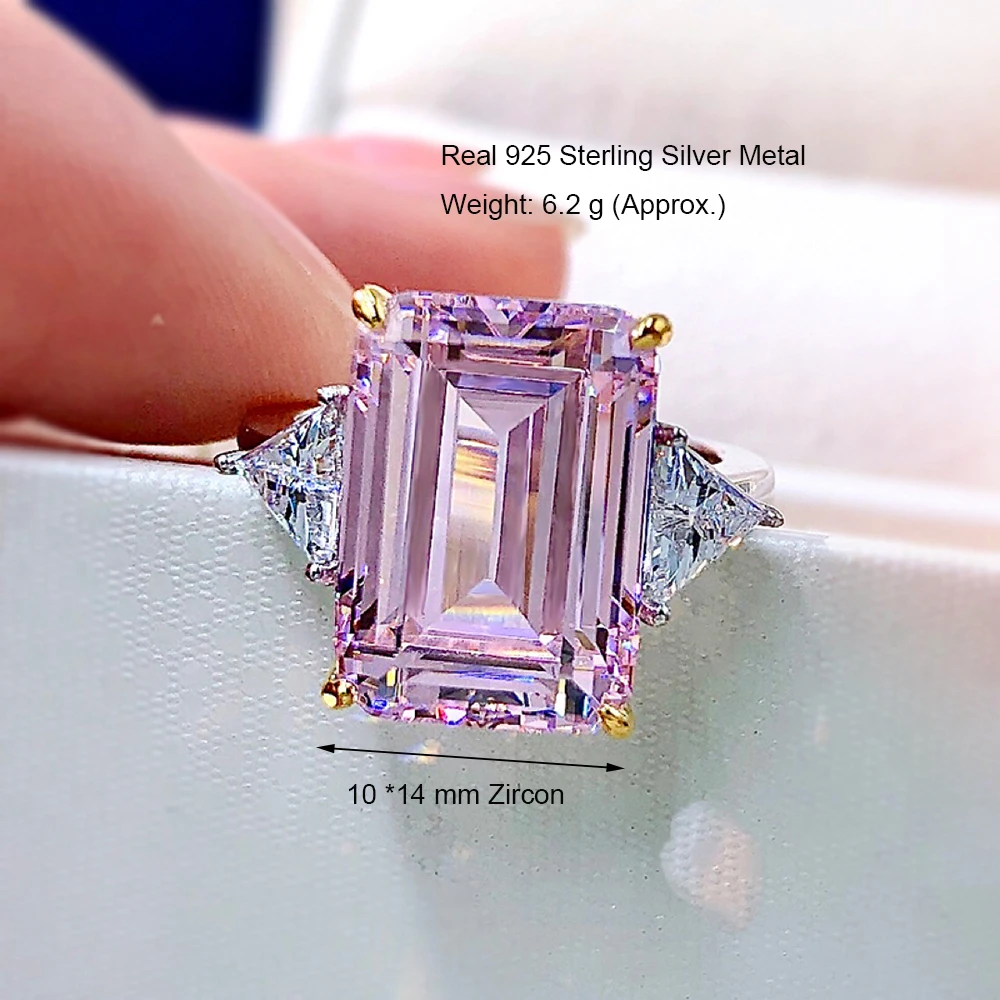 Solid Real 925 Silver Ring With Big 14*10 mm Pink/Blue/Yellow/White Rectangle Zircon Thick Rhodium/Rose/Gold Bling Fine Jewelry