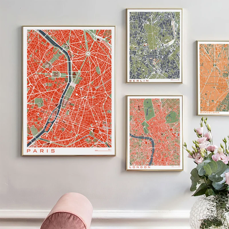

16 Famous City Classic Map Poster and Print Wall Art Canvas Painting Paris Copenhague Madrid Map For Living Room Home Decor