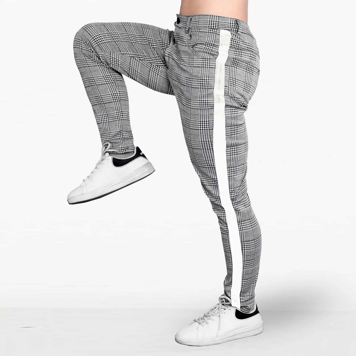 Hip Pop Long Trousers Streetwear Pants Casual Fashion Men Jogging Plaid Grey Side Stripe Pants Skinny Bottom Slim Fit Sweatpants