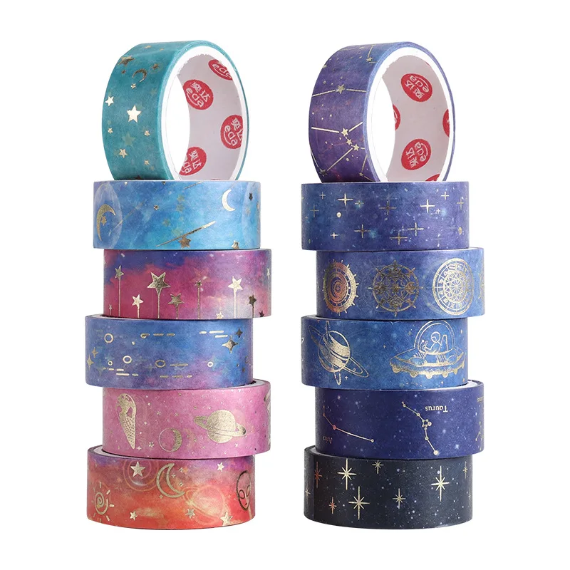 Juego de cintas Washi de noche estrellada, pegatinas adhesivas para decoración del hogar, constelación de galaxia, luna y estrella, 15mm x 2m, A6033, 12 unidades