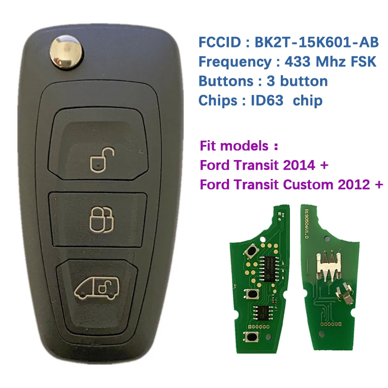 CN 018057   Aftermarket 3 Tasten 434 MHz Klappschlüssel für Ford Transit / Custom 2014–2016 Fernschlüsselanhänger FCCID BK2T-15K601-AA/AB/AC