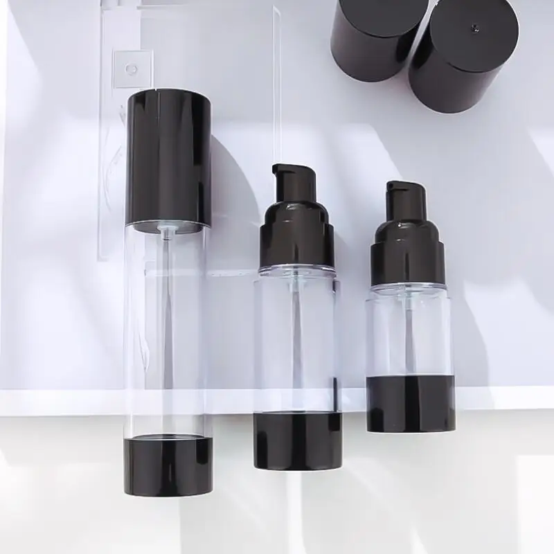 wholesale hot sale new 15ml 30ml 50ml black airless pump bottle empty,30 ml plastic airless Refillable Bottles LX9386