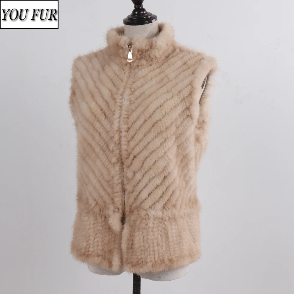 

2023 Women Hand Knitted Real Mink Fur Vest Autumn Winter Warm Natural Mink Fur Sleeveless Coat Lady Fashion 100% Real Fur Gilet