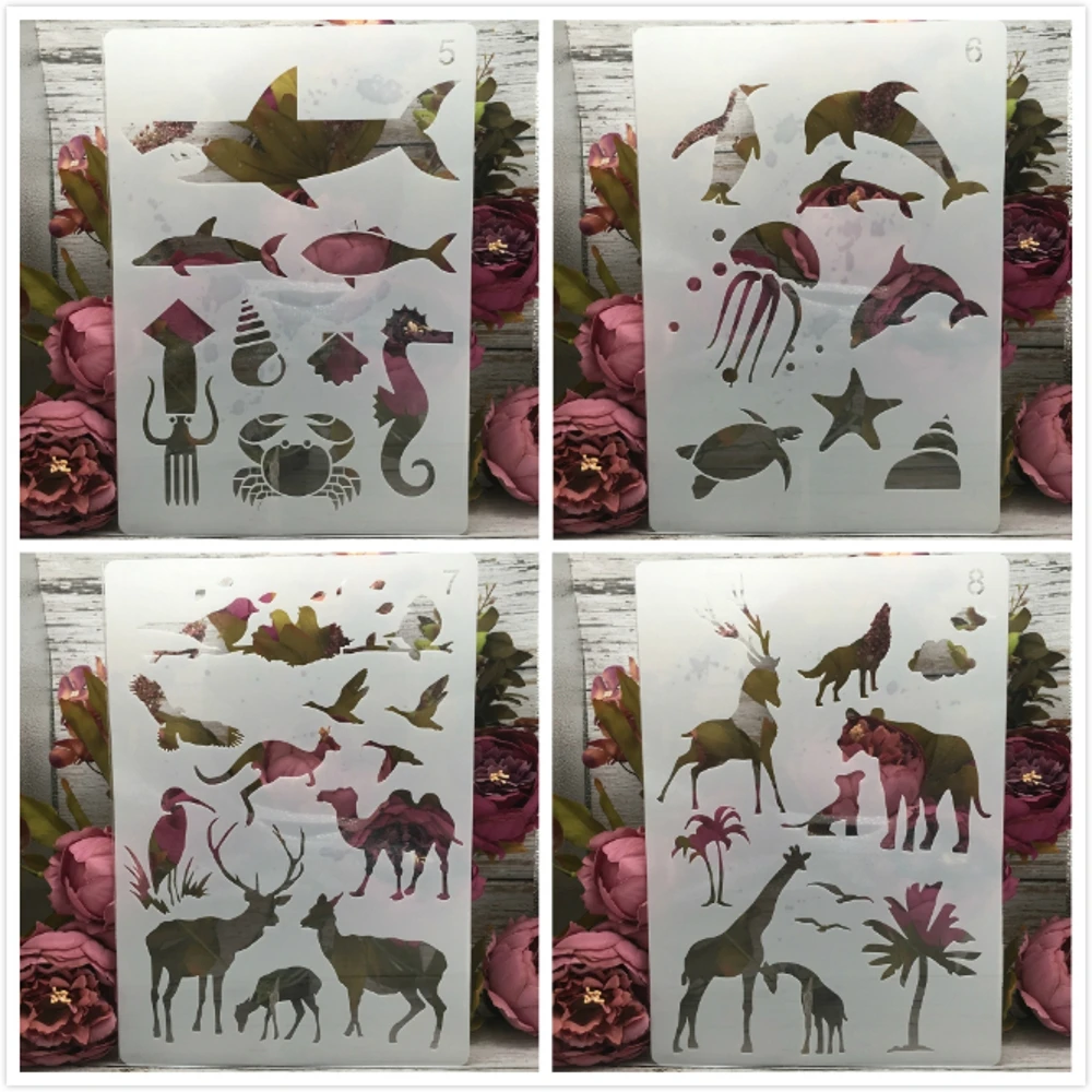 4Pcs A4 29cm Shark Giraffe Ocean Forest Animals DIY Layering Stencils Painting Scrapbook Coloring Embossing Decorative Template