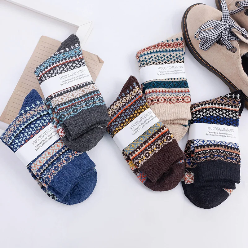 5Pairs New Winter Thick Warm Wool Women Socks Colorful Socks Fashion Casual Euramerican National Wind-Flowers Cotton Sock 8054