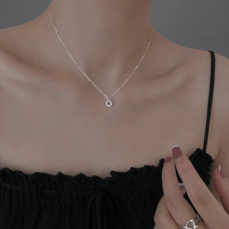 925 Sterling Silver Necklace Flash Diamond Geometric Double Circle Pendant Female Fashion Clavicle Chain Birthday Gift Jewelry