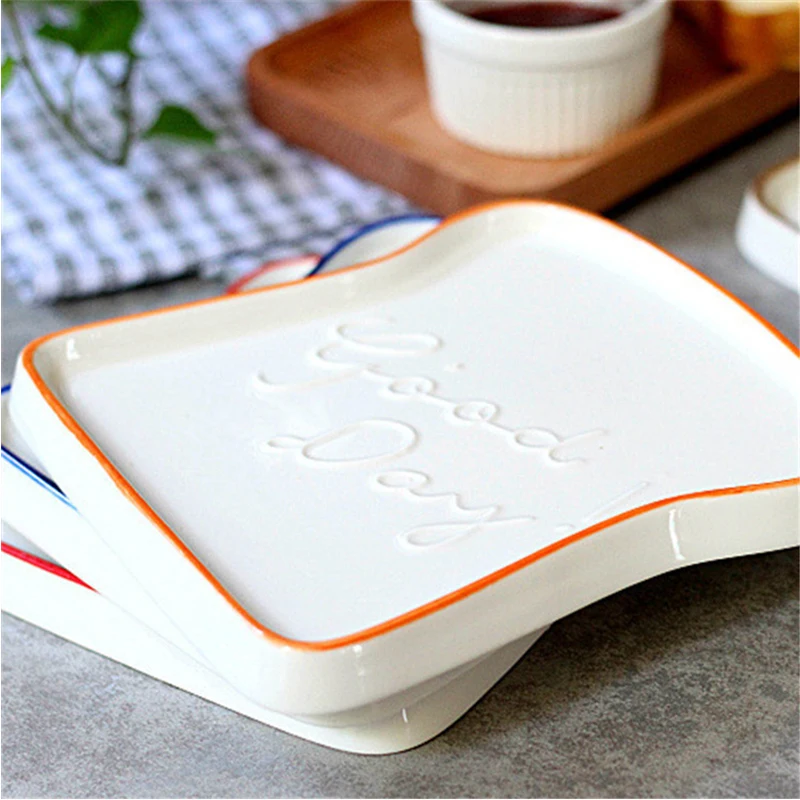 Ceramic Plate Breakfast Dishes Toast Shaped Bread Plates Salad Fruit Snack Dessert Tray Cute Household Tableware