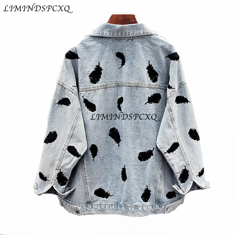 

Embroidered Feathers Denim Jacket Women 2021 Spring Bomber Jacket Coat Female Chic Women Outwear Veste Femme Ropa De Mujer