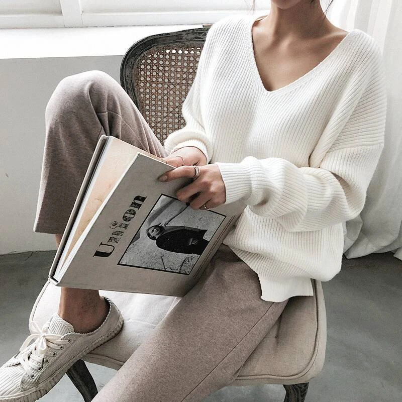 LMQ NEW 2020 Autumn Winter Women's Knitwear sexy V-Neck Minimalist Tops Korean Irregular Hem Knitted Casual Sweaters