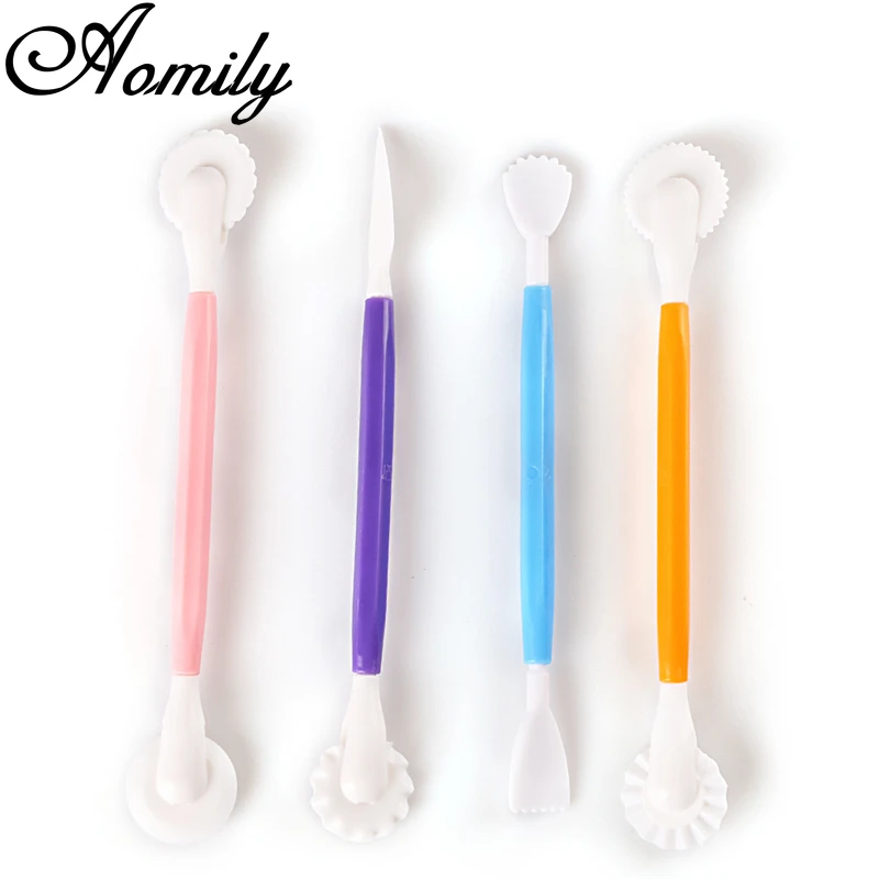 Amoliy 4pcs/Set Fondant Cake Decorating Modelling Tools 8 Patterns Flower Decoration Pen Chocolate Pastry Carving Cutter Baking