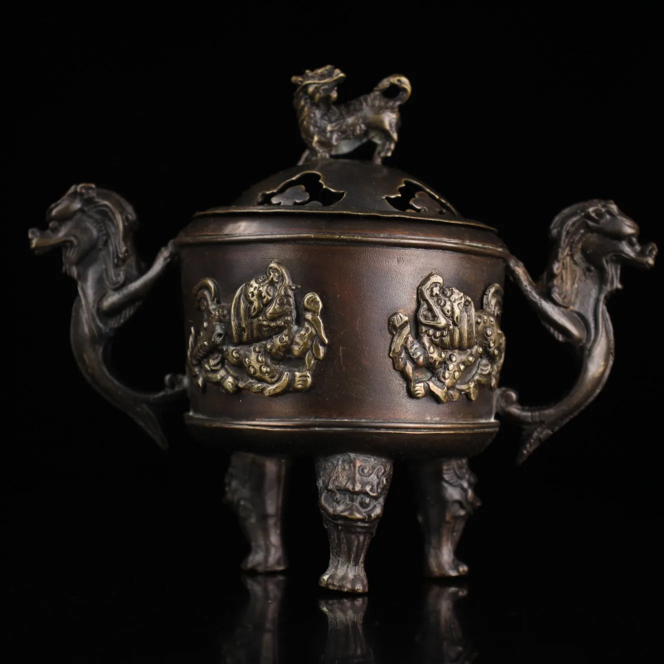 

5"Tibetan Temple Collection Old Bronze Gilt Silver Cinnabar Lion statue Dragon Binaural Three-legged incense burner Town House