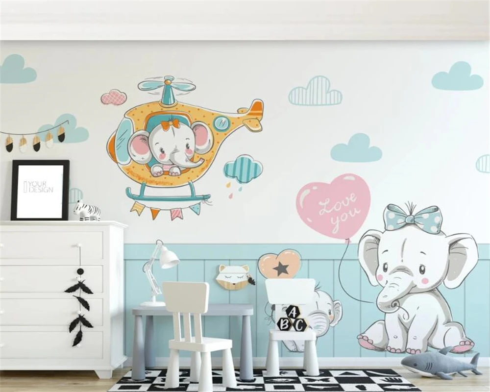 Customized kindergarten decoration 3d wallpaper cute cartoon Small fresh elephant baby room children's wall Decoration wallpaper