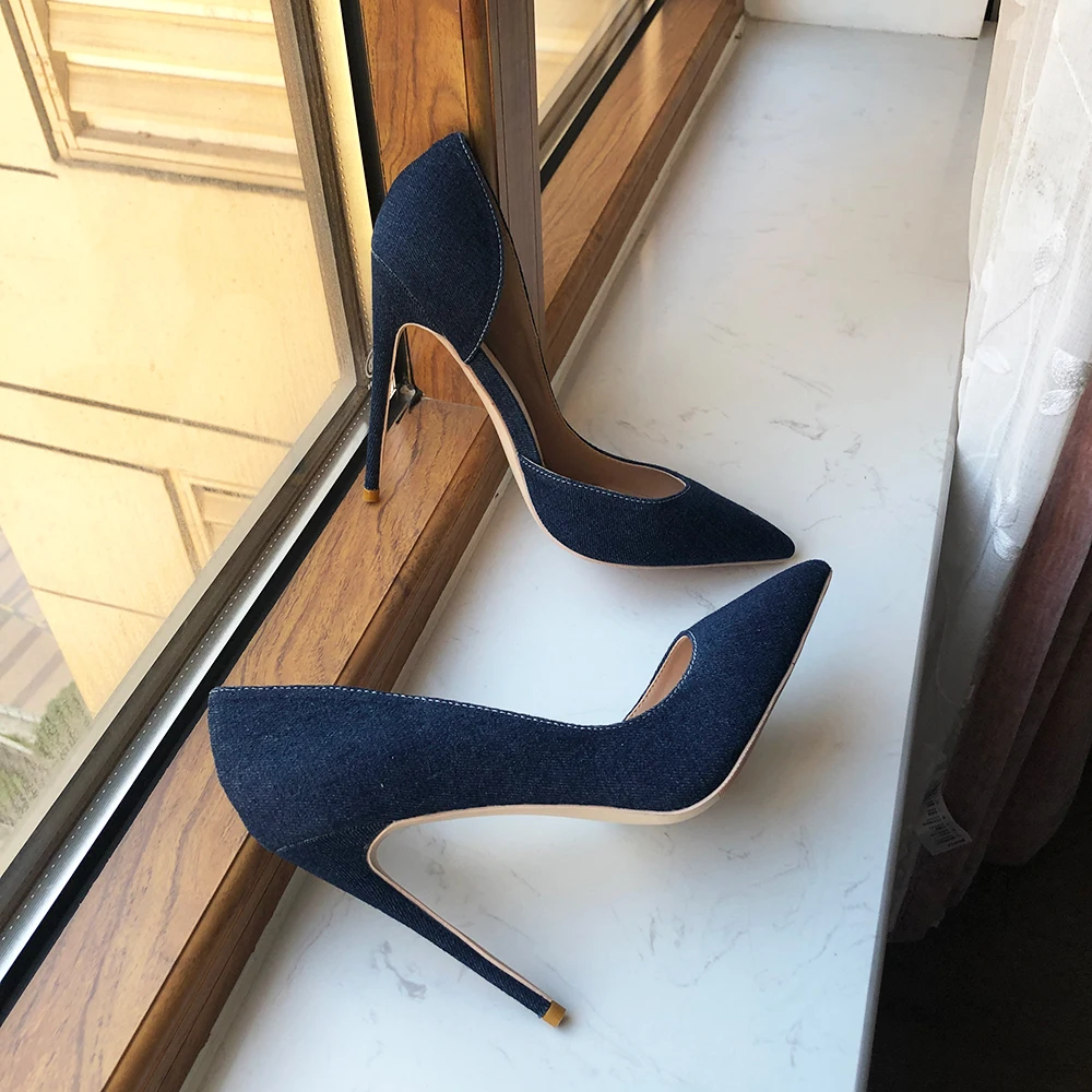 Tikicup Navy Blue Women Denim Fabric D'Orsay High Heel Shoes 8cm 10cm 12cm Pointy Toe Elegant Stiletto Pumps Comfortable Soft