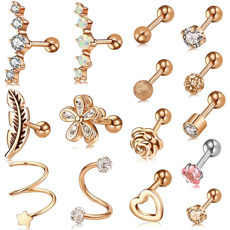 Серьги-гвоздики для пирсинга, циркониевый в форме сердца, из хирургической стали, с кристаллами, ушной хрящ