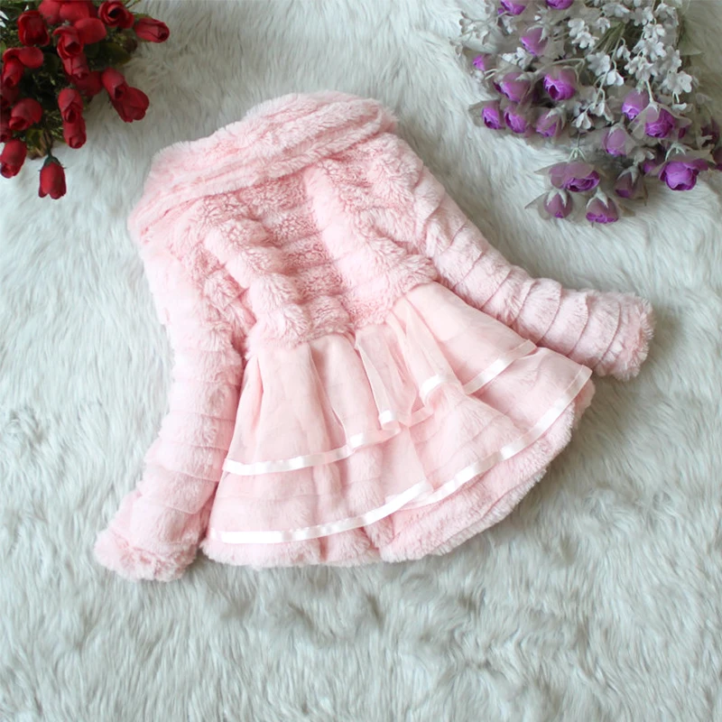 Fashion Kids Faux Fur Coat Autumn Winter Warm Plush Baby Jacket Christmas Cute Floret Lace Princess Outwear Toddler Girl Clothes