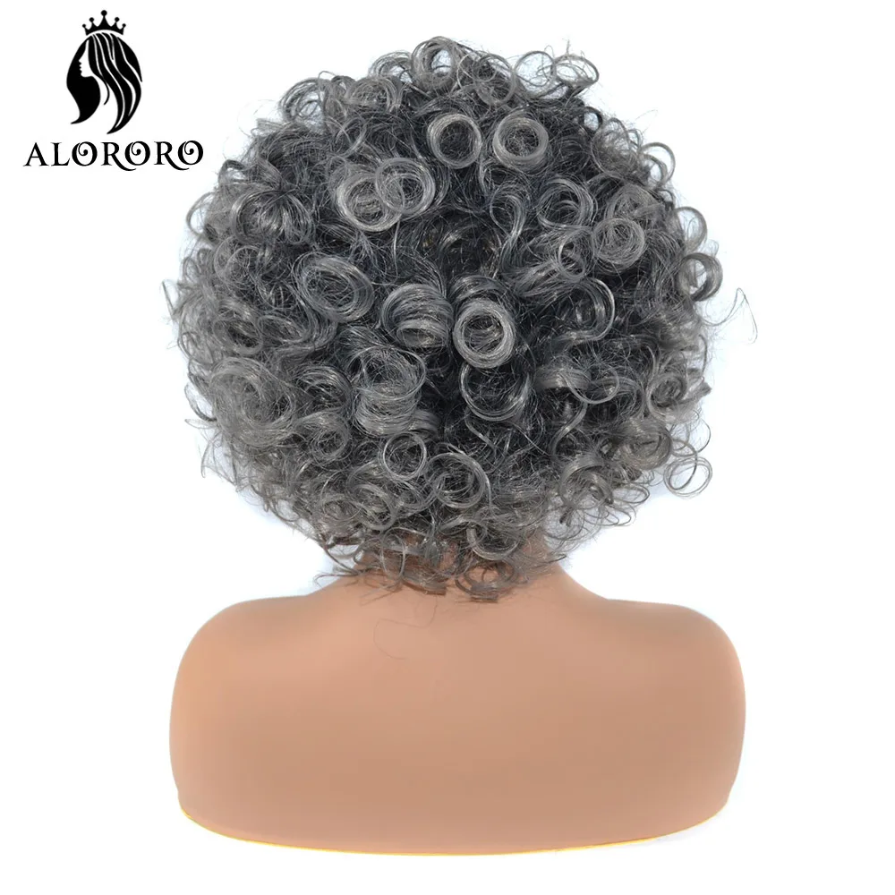 Alororo Afro Fluffy Short Curly Wigs for Black Women 12 Inches High Temperature Fibre Synthetic Wig Black Grey Wig