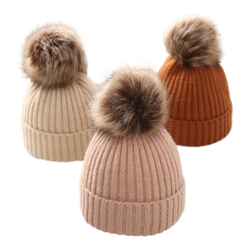 Winter Kids Knitted Hat Beanie For Baby Infant Girls Boys Warm Pure Color Thickened Ball Newborn Photography Autumn