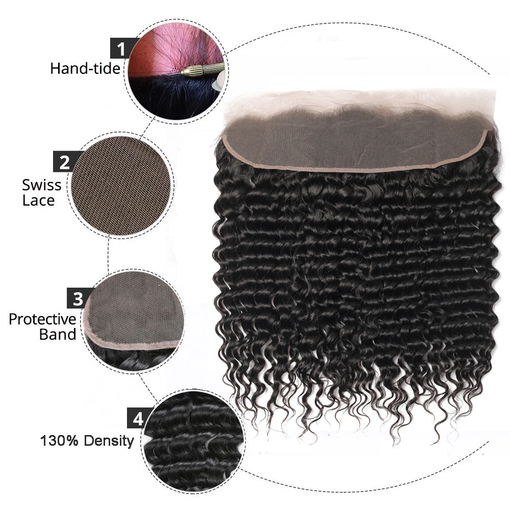 BEAUDIVA-Tissage de cheveux brésiliens Deep Wave, mèches de cheveux bouclés, double trame et fermeture, dentelle 13 age, 3 faisceaux, 4 faisceaux