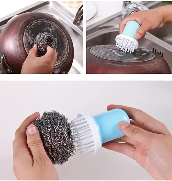 Short handle stainless steel wire ball brush to remove dirt cleaning brush kitchen pan brush