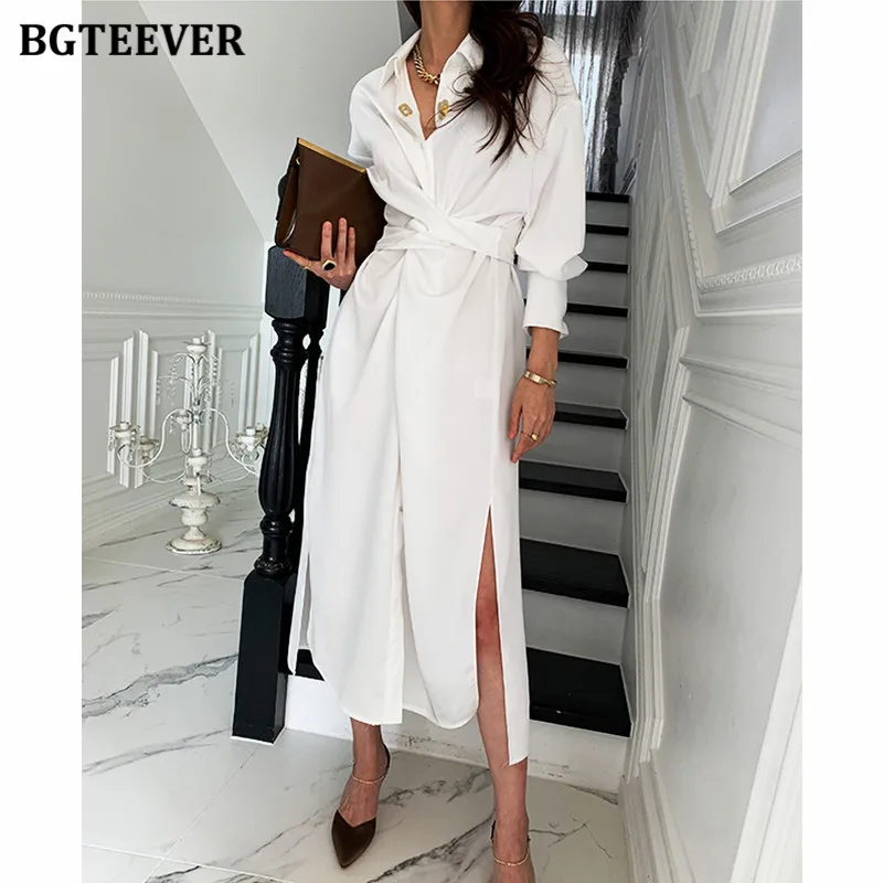 BGTEEVER Summer Turn-down Collar Women Midi Dress Full Sleeve Single-breasted Female Shirt Dress Ladies Side Split Solid Vestido