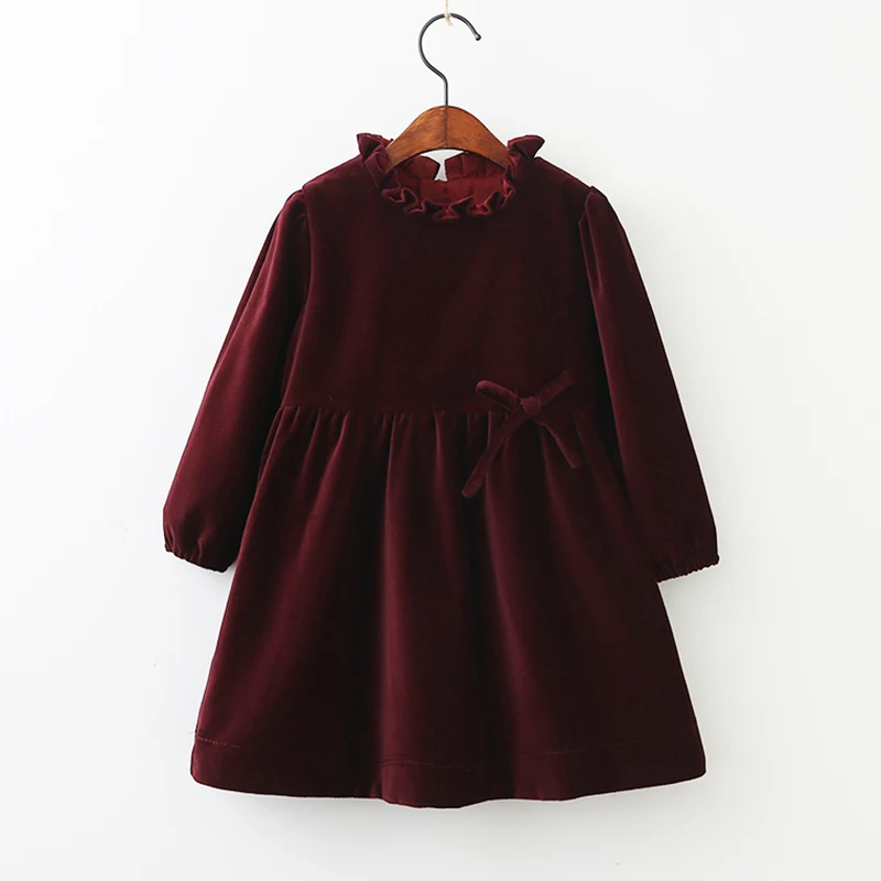 Spring Solid Color Long Sleeve Toddler Velour Dresses 1-8Yrs Baby Girls Dress Sweet Kids Velvet Clothes Princess Ruffles Dresses