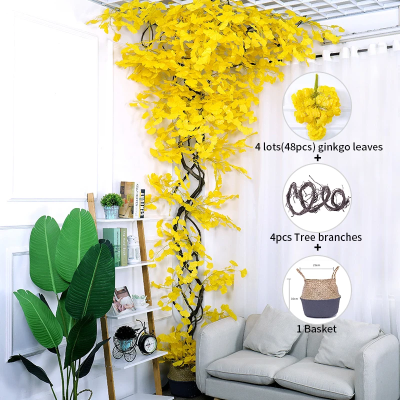 Set Artificial Leaves golden ginkgo Fake Leaf Tree wall hanging plants Suit wedding Home shopwindow Display Christmas Decoration