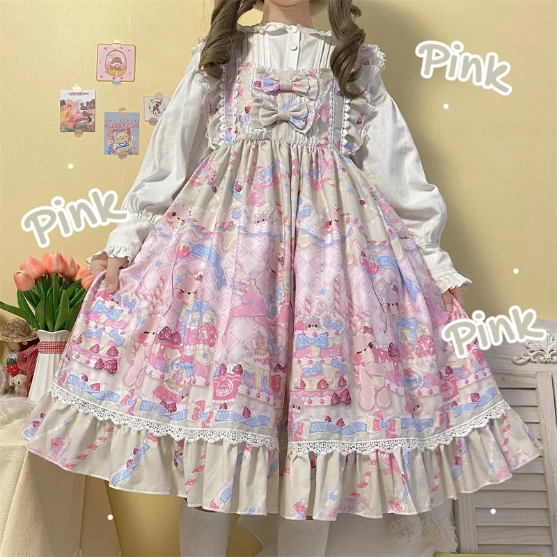 Imagem -02 - Vestido Feminino Macio Lolita Japonês Colarinho Quadrado Kawaii Impressão de Urso dos Desenhos Animados do Arco Ruffles sem Mangas Vestidos de Camisola Lolita