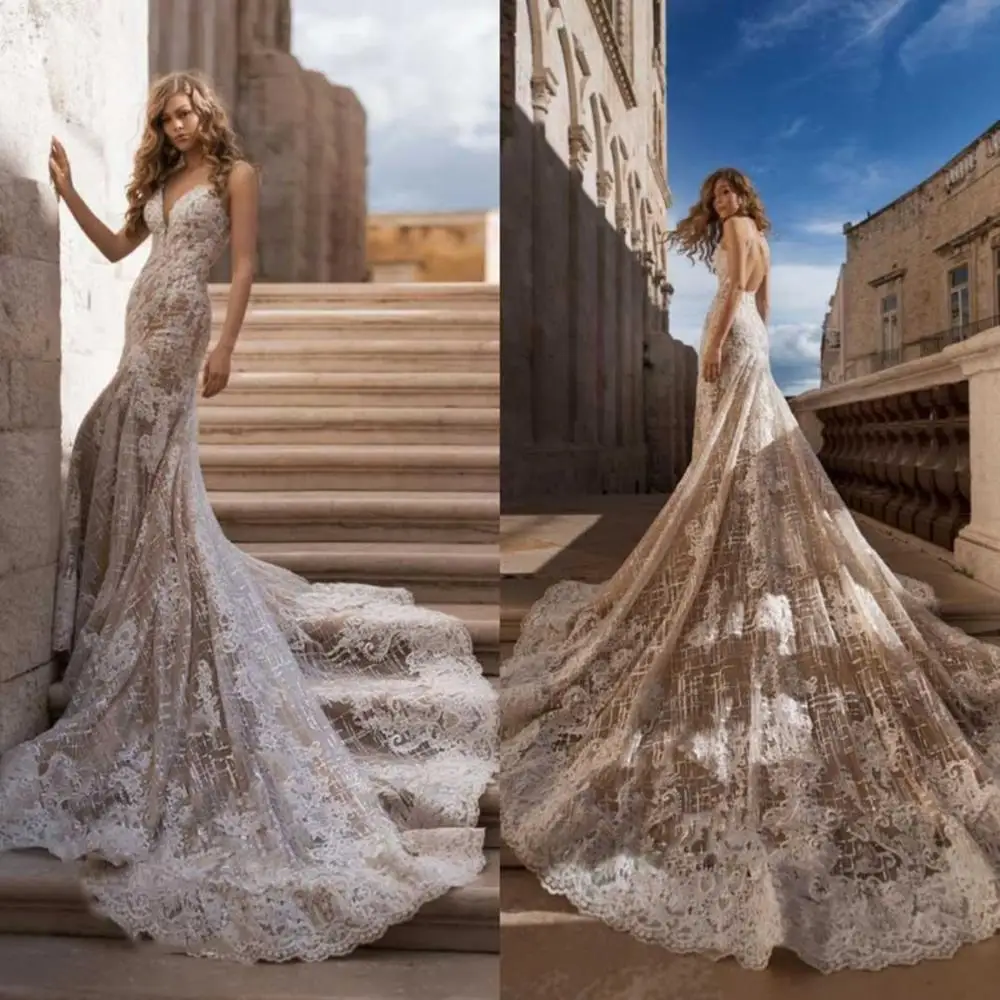 2023 abiti da sposa scollo a V senza maniche Appliques di pizzo abiti da sposa Custom Made Backless Sweep Train Mermaid Robe De Mariee