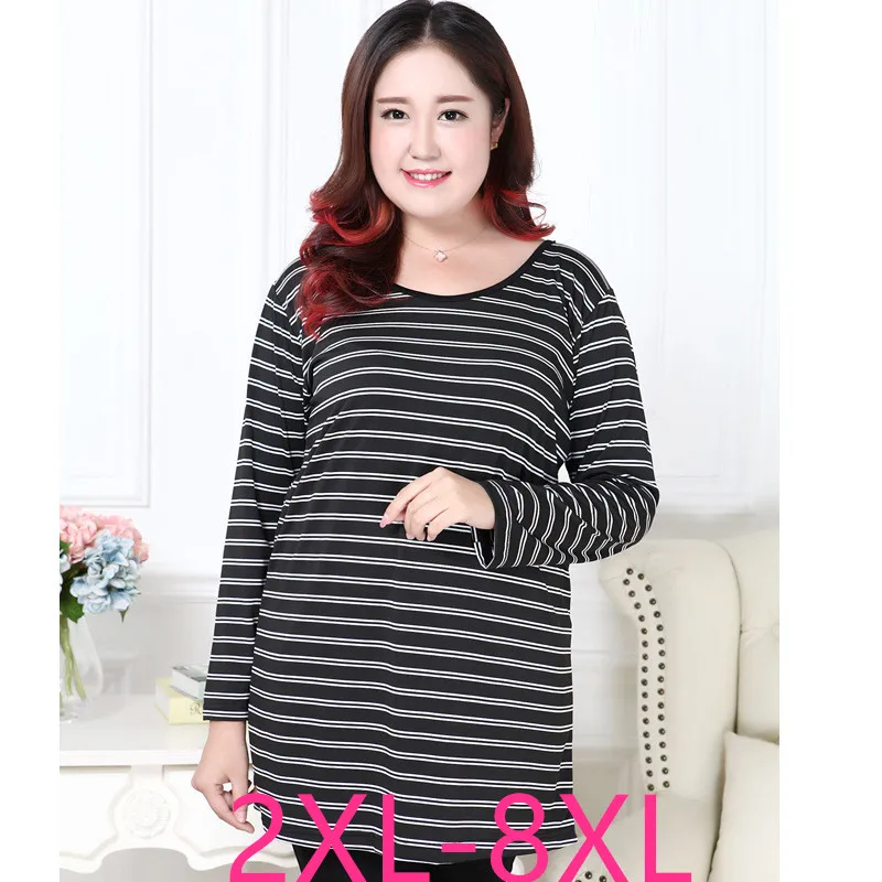 

New Spring Autumn Plus Size Tops For Women Large Long Sleeve Loose Stripe Elastic O Neck Long T-shirt Black 4XL 5XL 6XL 7XL 8XL