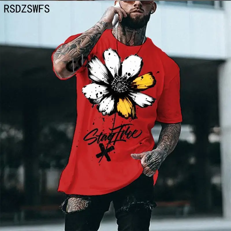 Summer street trend to wear men's 3D printed T-shirt white sunflower letter printing casual breathable large size T-shirtXXS-5XL