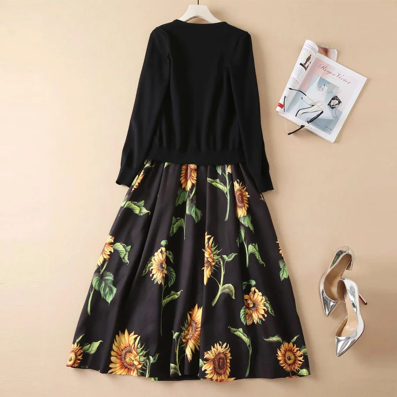 AELESEEN Runway Fashion 2 Piecese Sets Autumn Winter Knitted Flower Embroidery Blouse+Spaghetti Strap Dress Elegant Twinset