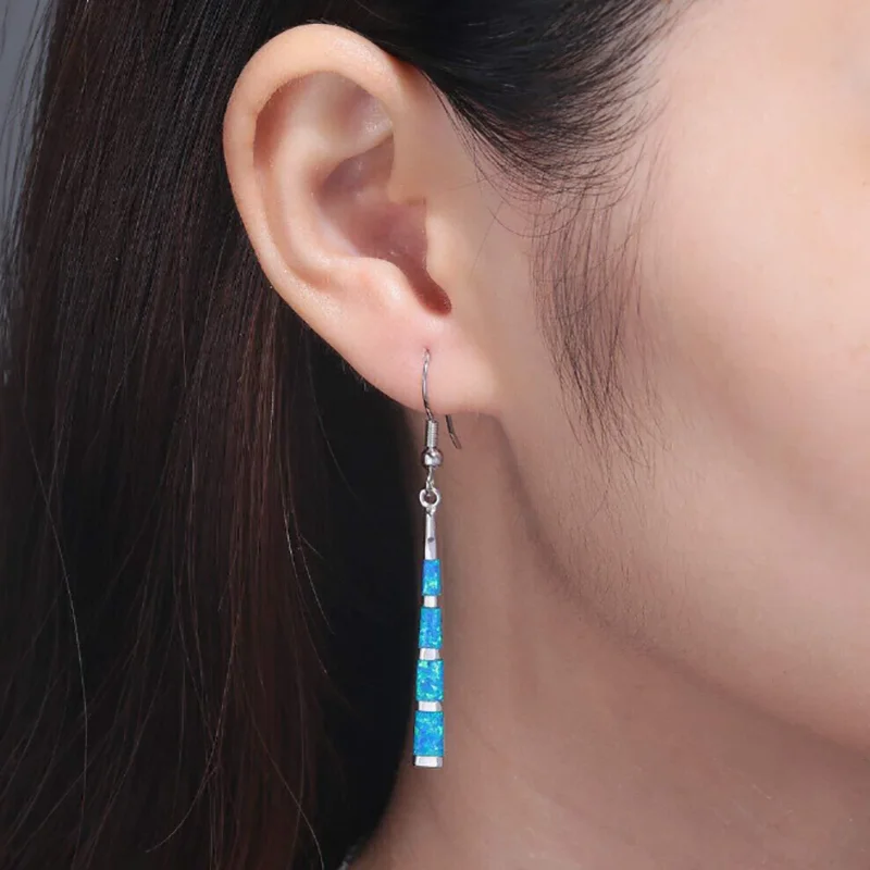 Classic Tassel Striped Blue Fire Opal Long Drop Earrings for Women Engagement Wedding Party Jewelry Gifts Drop Shipping