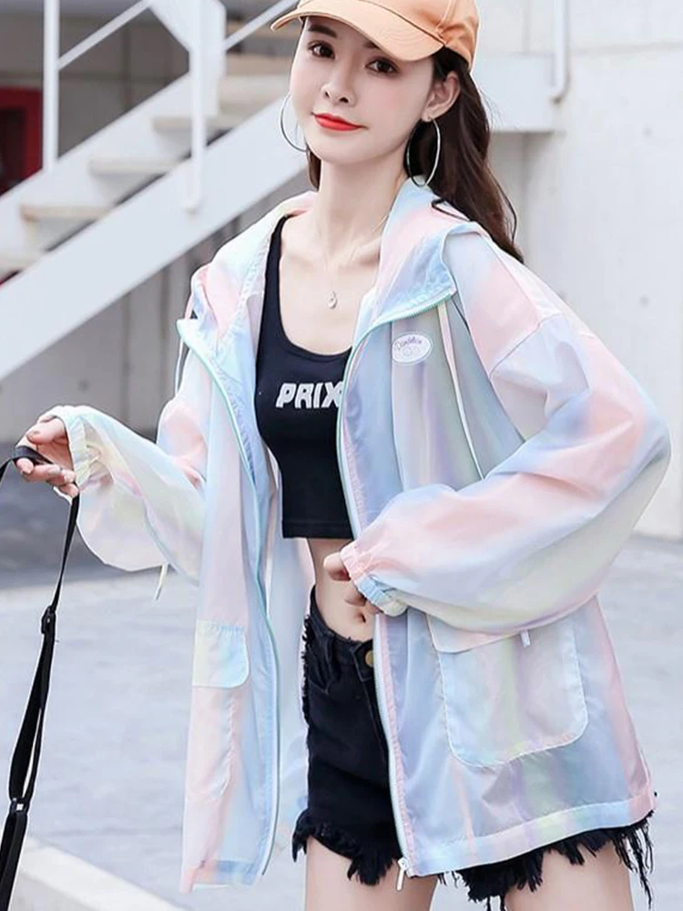 2021 New Summer Women jacket Korean Fashion style UPF clothes Tie dye Hooded Oversize Loose Casual female jacket thin Breathable