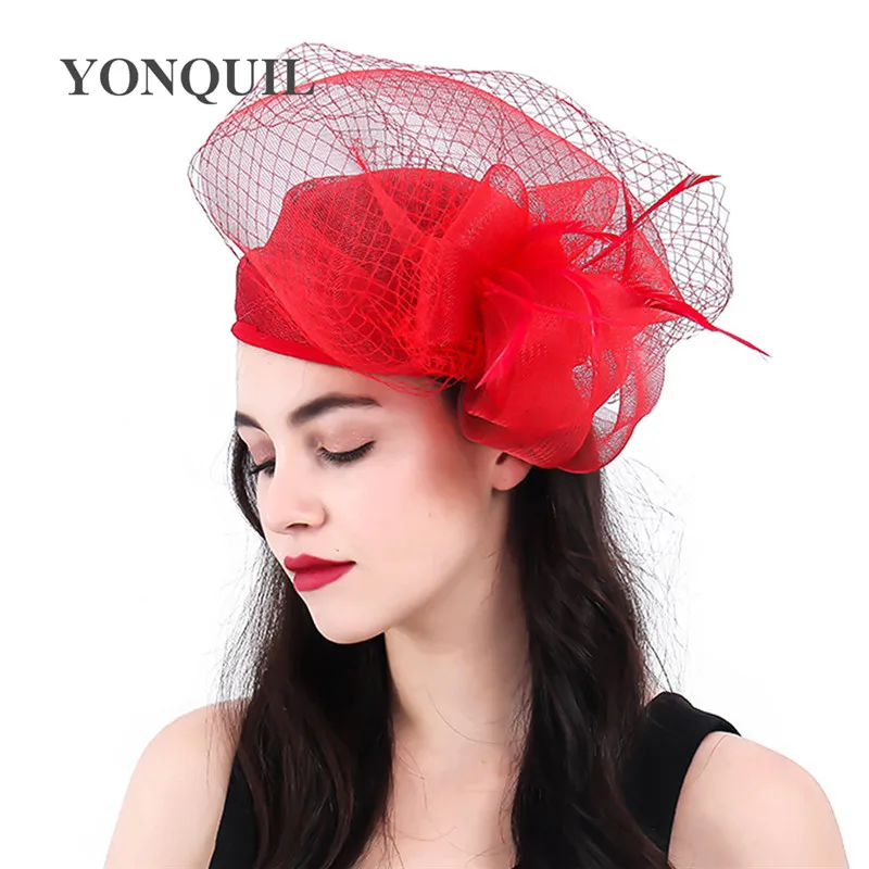 Red Cocktail Hats Kentucky Derby Crinoline Fascinator Headwear Colorful Mesh Event Hair Accessories 3 Colors High Quality SYF404