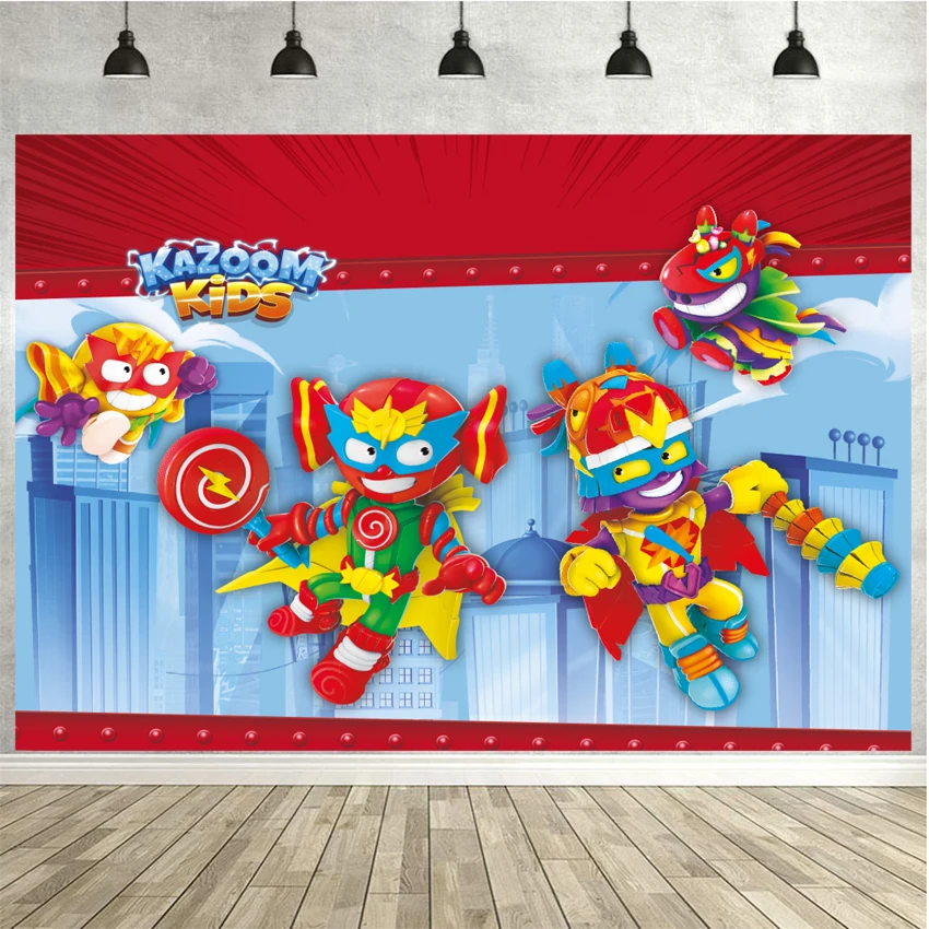 Super Zings เด็กวันเกิด Party ฉากหลังอาคารเมืองเกมธีมภาพพื้นหลังเค้กของเล่นตารางตกแต่งแบนเนอร์โปสเตอร์ไวนิล