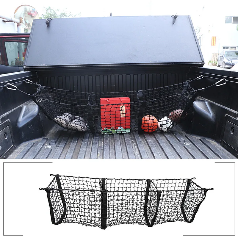 For Toyota Tacoma 2005-2020 Black Car Trunk Three-Pocket Storage Mesh Pickup Trunk Mesh Cargo Storage Mesh Exterior Accessories