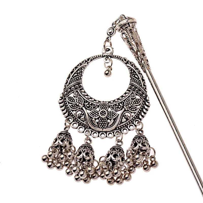 Boho Vintage Indian Hair Pins For Women Ethnic Sliver Color Big Bells Tassel Flower Carved Pendant Hair Sticks Hair Jewelry 2019