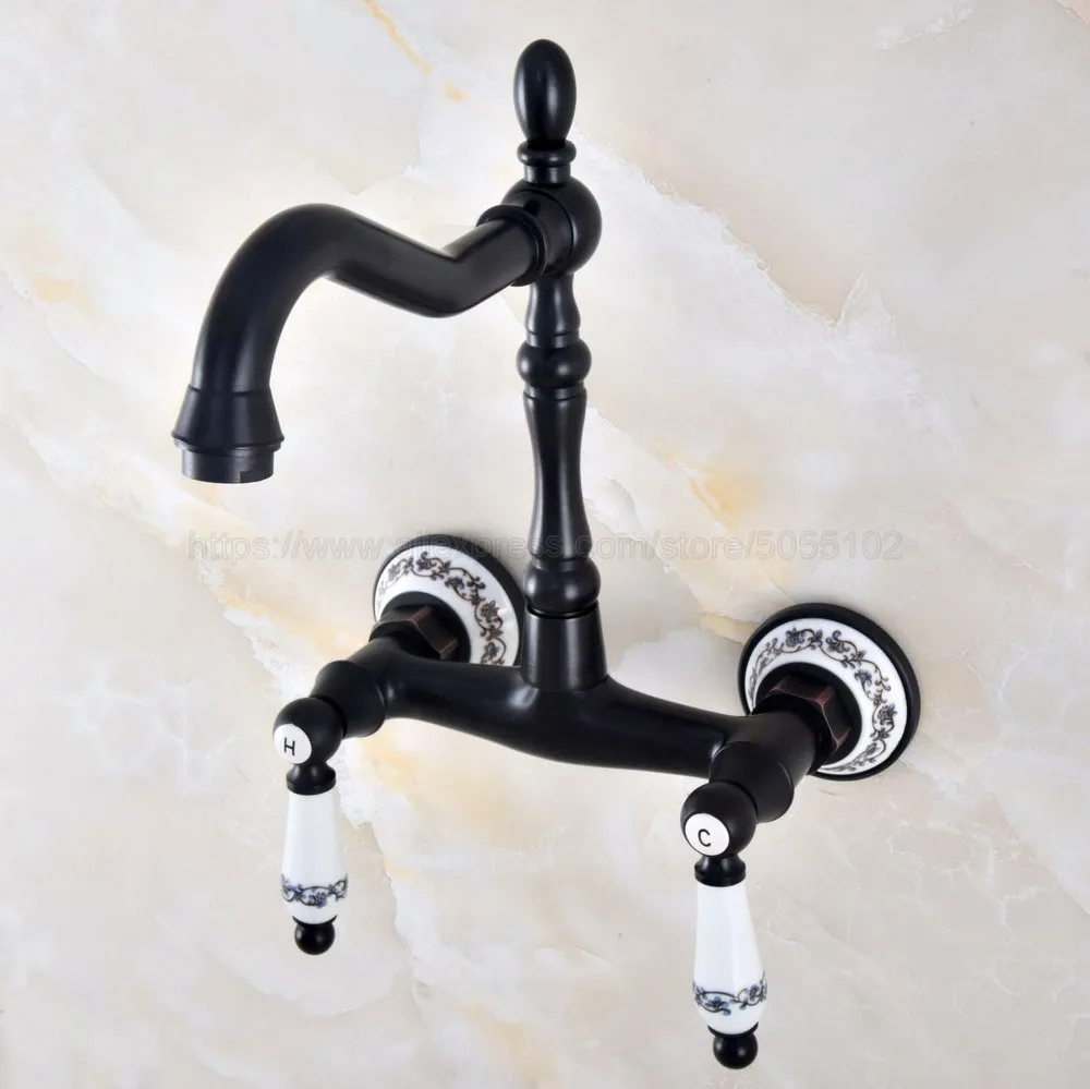 

Oil Rubbed Bronze Bathroom Basin Swivel Spout Faucet Wall Mounted Dual Ceramic Handles Vessel Sink Mixer Taps znf831