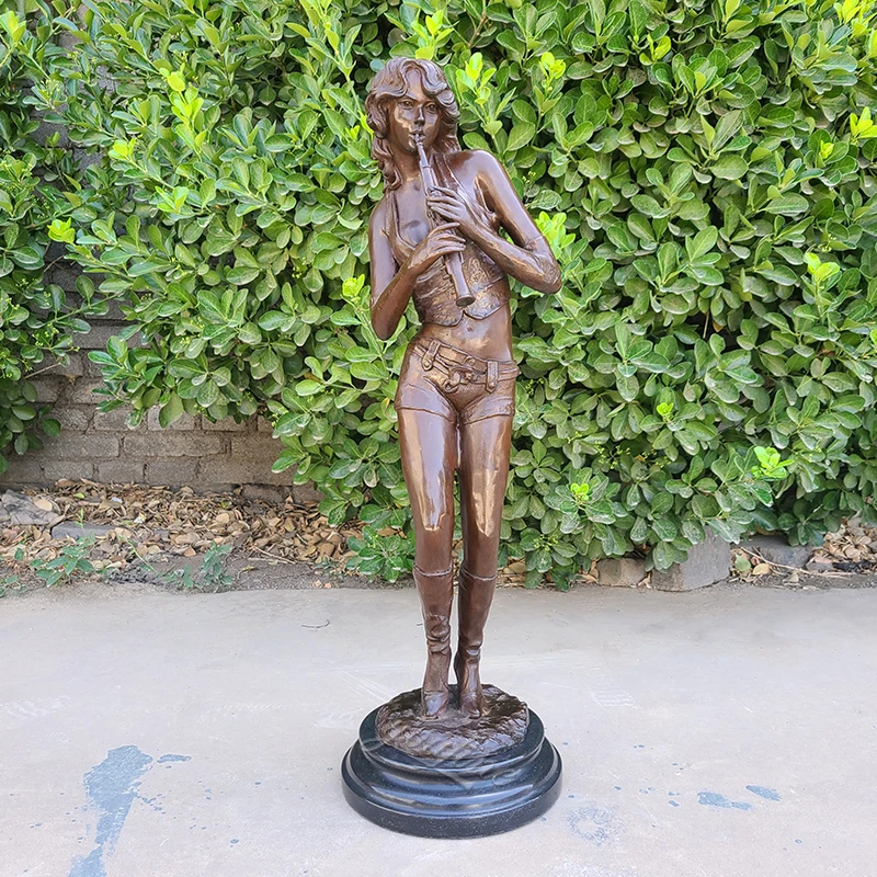 Woman Playing Flute Bronze Statue Cast Bronze Flute Musician Sculpture Female Flute Player Classical Artwork Home Decor Collect