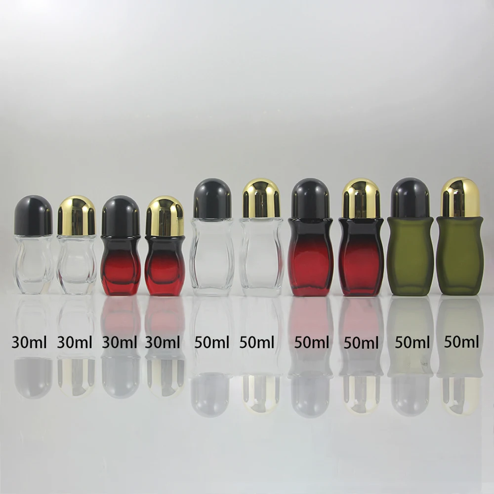 Massage Oil Red Glass Empty 50ml Roll on Bottle with Black/Gold Lid