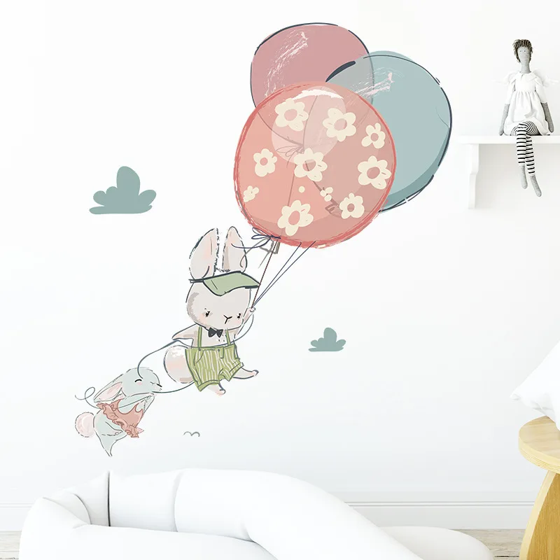 Cartoon Bunny Hot Air Balloon Wall Sticker For Kids Room Background Decoration Wallpaper Home Decor Cute Pattern Nursery Decals