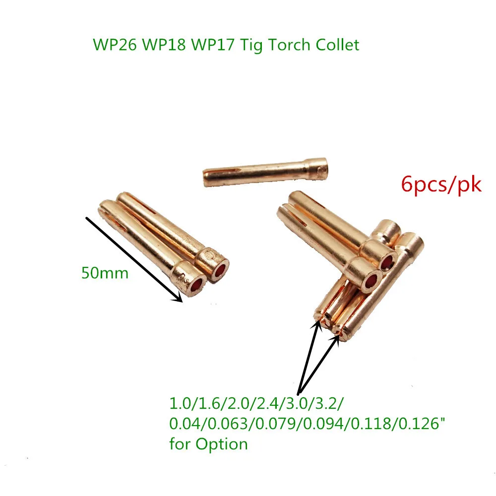 

Tungsten Electrode Collet 6pcs Tig Torch Consumables 1.0/1.6/2.0/2.4/3.0/3.2mm Collet for WP17 WP18 WP26 Tig Torch