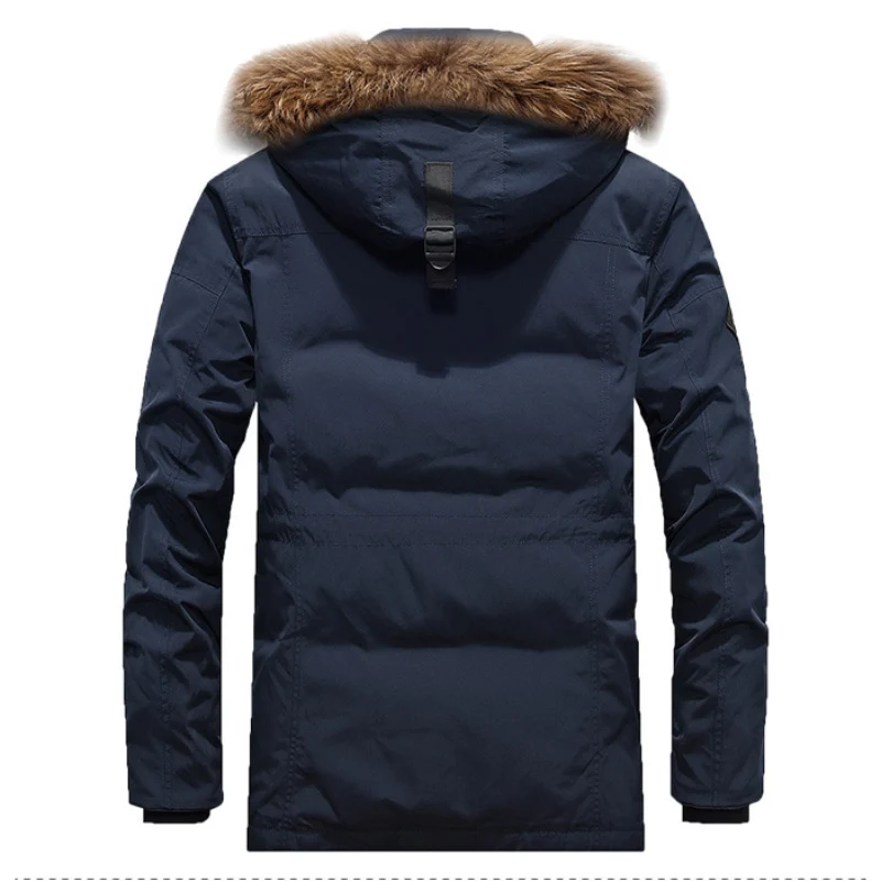 Men's Fashion Casual Down Jacket Mid-length Thick White Duck Down Winter Warm Hooded Large Fur Collar Jacket